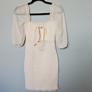 O. Vianca Smocked Stretch Bodycon Puff Sleeve Cottage Square Neck Dress Small